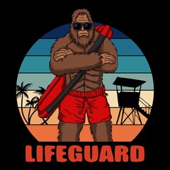 Bigfoot Lifeguard on the beach vector illustration