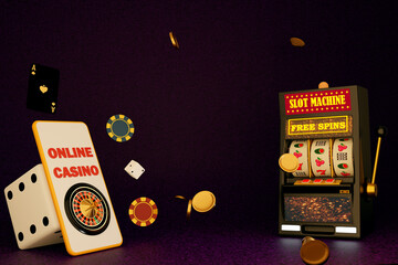 Online casino concept. 3D phone with roulette wheel on the screen of mobile phone, slot machine, flying coins, chips and dices. 3d rendering illustration on purple background.