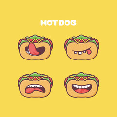 Hot Dog cartoon. fast food vector illustration. with different mouth expressions