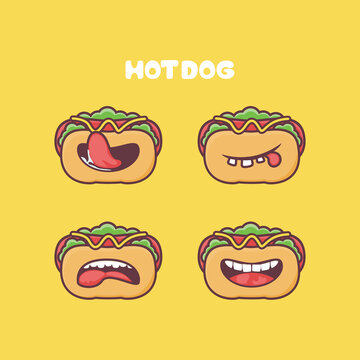 Hot Dog cartoon. fast food vector illustration. with different mouth expressions
