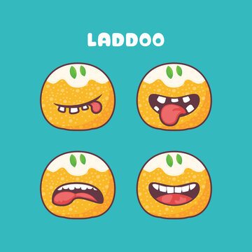 Laddoo cartoon. vector illustration of traditional indian food. with different mouth expressions