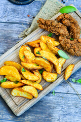 
 Crispy  deep fried   Chicken    strips ,wings and Wedges potato. Breaded  with cornflakes chicken  breast fillets  with chilly peppers and fresh   basil on wooden rustic background