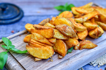  Home made Wedges spicy Potatoes and fresh  lemon on wooden background