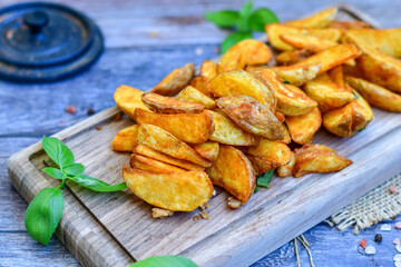  Home made Wedges spicy Potatoes and fresh  lemon on wooden background