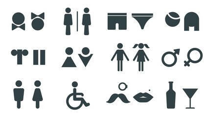Wc symbols for man and woman, disabled person toilet icon. Male and female pictogram bathroom sign design with lips and mustaches vector set