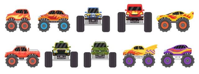 Cartoon monster trucks designs side and front view. Offroad race cars with large wheels and fire. Extreme sport heavy vehicles vector set © Tartila