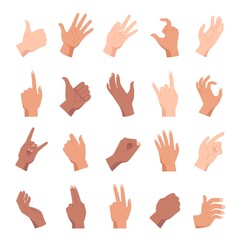 Cartoon hand poses, holding, pointing and like gesture. Diverse people hands, fists and palm positions and signs. Woman arm count vector set