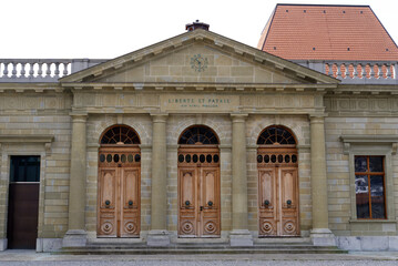 Fototapeta na wymiar Historic and new building of the parliament of Canton Vaud at the old town of Lausanne on a cloudy spring day. Photo taken March 18th, 2022, Lausanne, Switzerland.