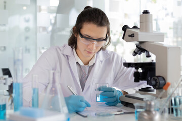 Fototapeta premium Laboratory diagnosis of synthetic substances, Scientist or researcher examines the substance in vitro and record information, Lab experiments, Researchers scientist working analysis with test tube.