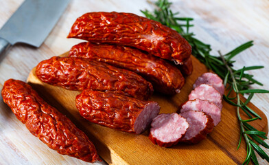 Dried sausages in skin - traditional Czech slim sausages