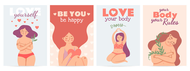 Body positive posters, woman love yourself banners - obrazy, fototapety, plakaty