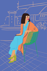 Stylish woman sits on chair and relax outdoors, city on background. Vector illustration. Concept of fashion and lifestyle