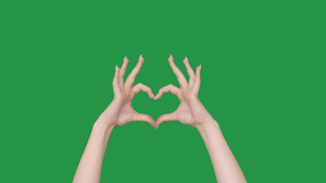 Love sign. Thanks gesture. Gratitude appreciation. Positive feeling. Female hands showing finger heart shape isolated on green chroma key copy space background.