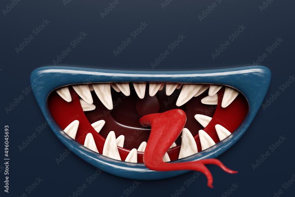 Sticker 3D illustration fantasy  toothy mouth in bright colors.  Mouth of screaming monster or beast. Angry cartoon face - Stickers