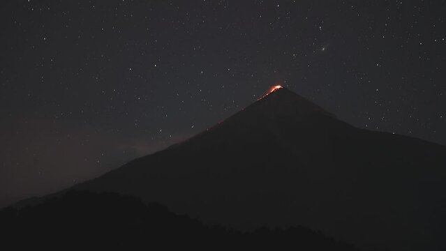Fuego volcano erupting at night time in Guatemala, massive explosion and lava sliding down mountain, time lapse view. Starry sky