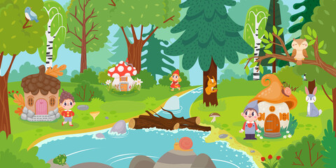 Cartoon elves and gnomes in magic forest