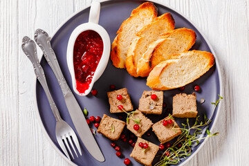 liver pate cubes on plate with toast and berries