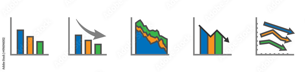 Poster decrease graph icon. declining business report symbol. flat, stroke line, chart graphic vector illus