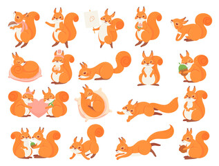 Cartoon squirrel collection poses, happy and love - obrazy, fototapety, plakaty