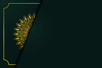 Art of traditional Indian geometric. Luxury mandala graphic background. Gold, dark green ornamental.  Celebrate invitation with golden template. Decorative pattern east style.