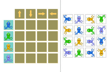 Match cartoon monsters and directions up, down, left and right. Educational game for children.