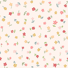 Elegant Floral Pattern With Small Hand Drawn Flowers, Simple Minimalist Seamless Vector Texture, Trendy Botanical Background