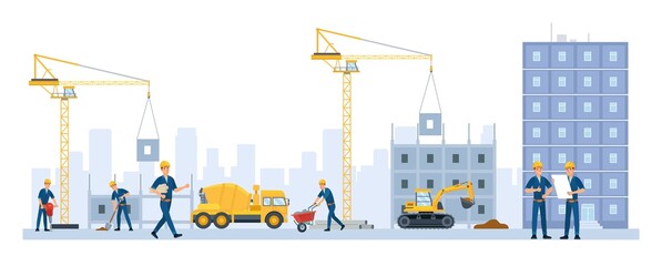 Flat houses construction site, process of building