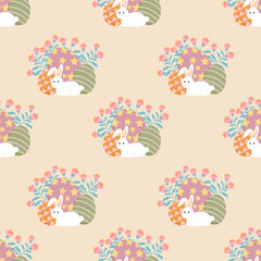 Easter seamless pattern. White bunny with Easter egg. Flat design.