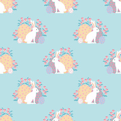 Easter seamless pattern on blue background. White rabbit with Easter egg. Flat design.