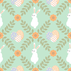 Easter seamless pattern on green background. White bunny with Easter egg. Flat design.