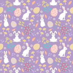 Easter seamless pattern with rabbit on purple background. White bunny with Easter egg. Flat design.