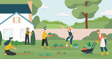 Gardening people together, farming and planting growing