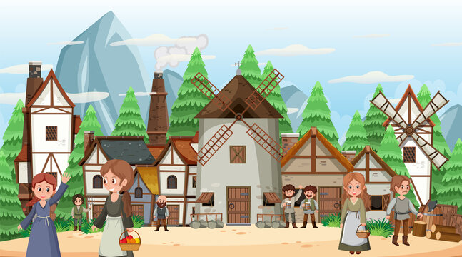 Medieval town scene with villagers © brgfx