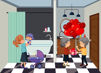 Bathroom scene with family members cartoon character