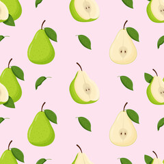 Green pears with green leaves seamless pattern. Flat vector illustration