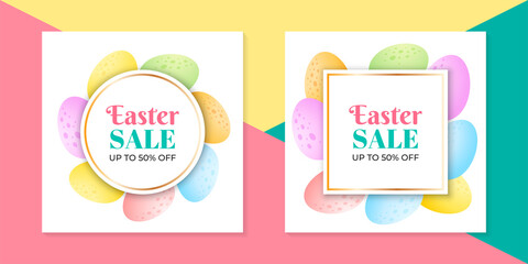 Fototapeta premium Set of Easter special offer banner templates. Spring sale concept. Bright background of colorful eggs. Vector 10 EPS.