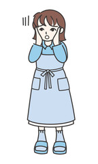 頬に手を当てて困っているエプロン姿の女性A【カラー／全身】