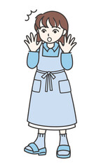 両手を広げて驚いているエプロン姿の女性A【カラー／全身】