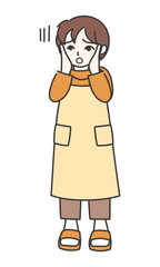 頬に手を当てて困っているエプロン姿の女性B【カラー／全身】
