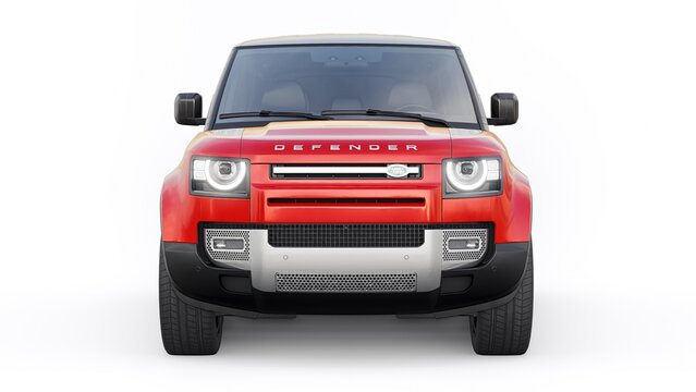 Tula, Russia. February 16, 2022: Land Rover Defender 2020. Red Expedition SUV for rural areas and outdoor activities. 3d render