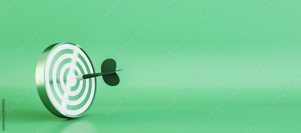 Poster Wide bullseye target with arrow on green background with mock up place. Targeting and marketing concept. 3D Rendering.
