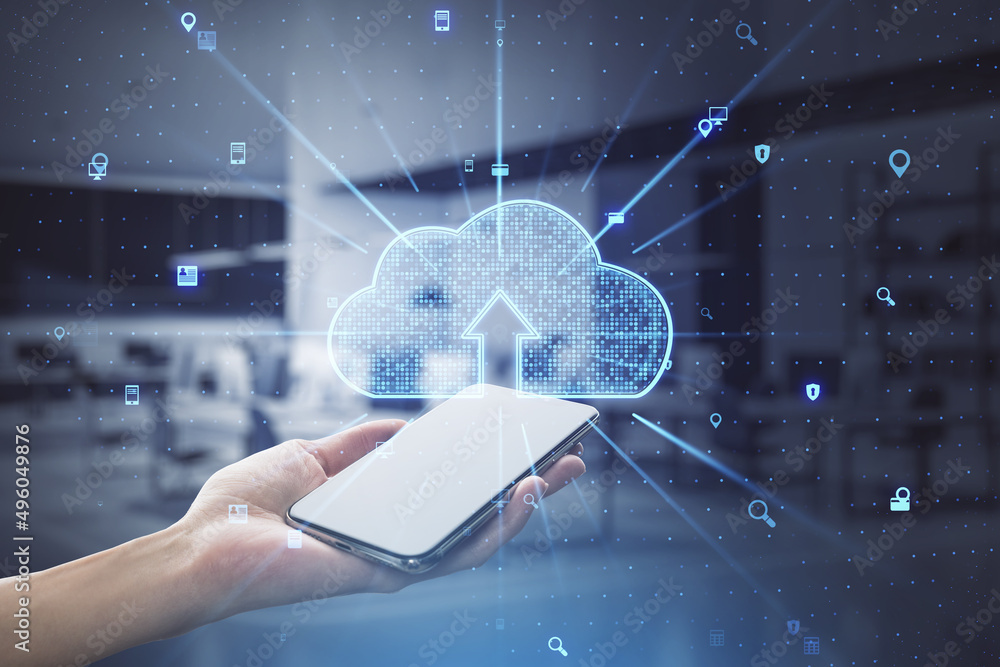 Poster close up of female hand holding smartphone with abstract glowing cloud hologram on blurry background