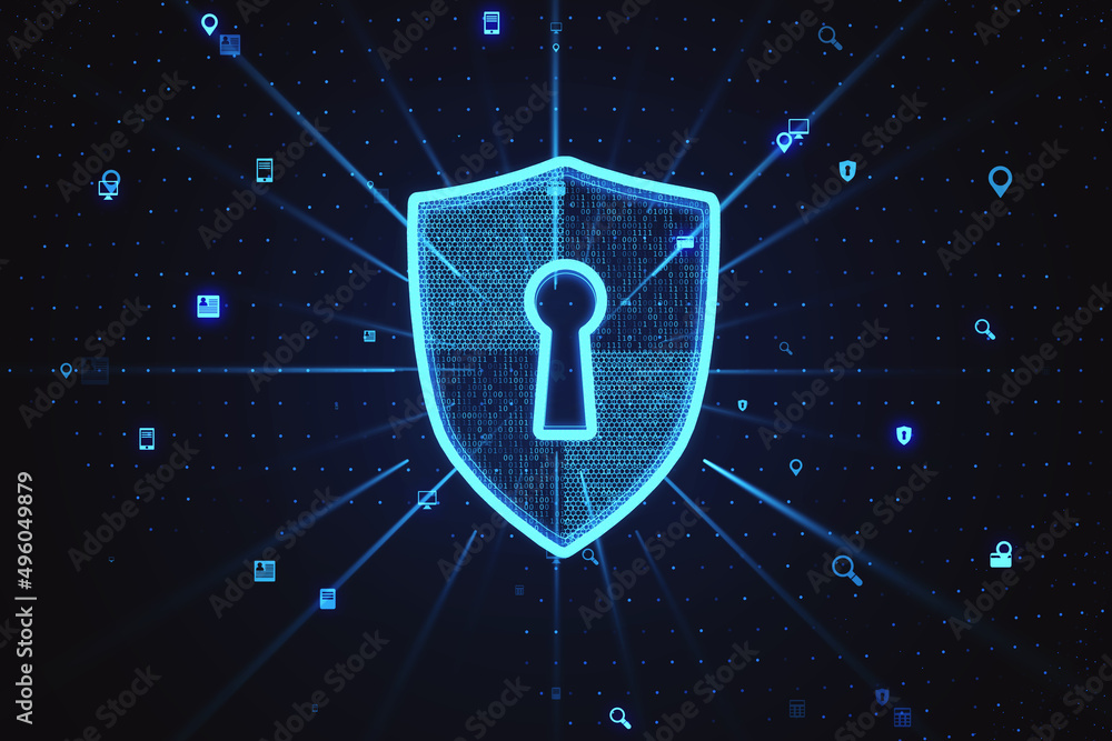 Aufkleber Creative glowing web security shield on dark background. Secure information concept. 3D Rendering.