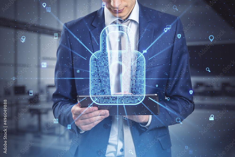 Aufkleber close up of businessman hand holding tablet computer with creative glowing web security padlock on b