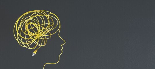 Abstract head and brain scribble outline made of usb cable on wide black background with mock up place. Anxiety and power concept. 3D Rendering.