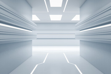Abstract futuristic white corridor. Design and hallway concept. 3D Rendering.