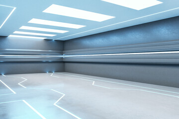 Light futuristic blue corridor. Design and hallway concept. 3D Rendering.