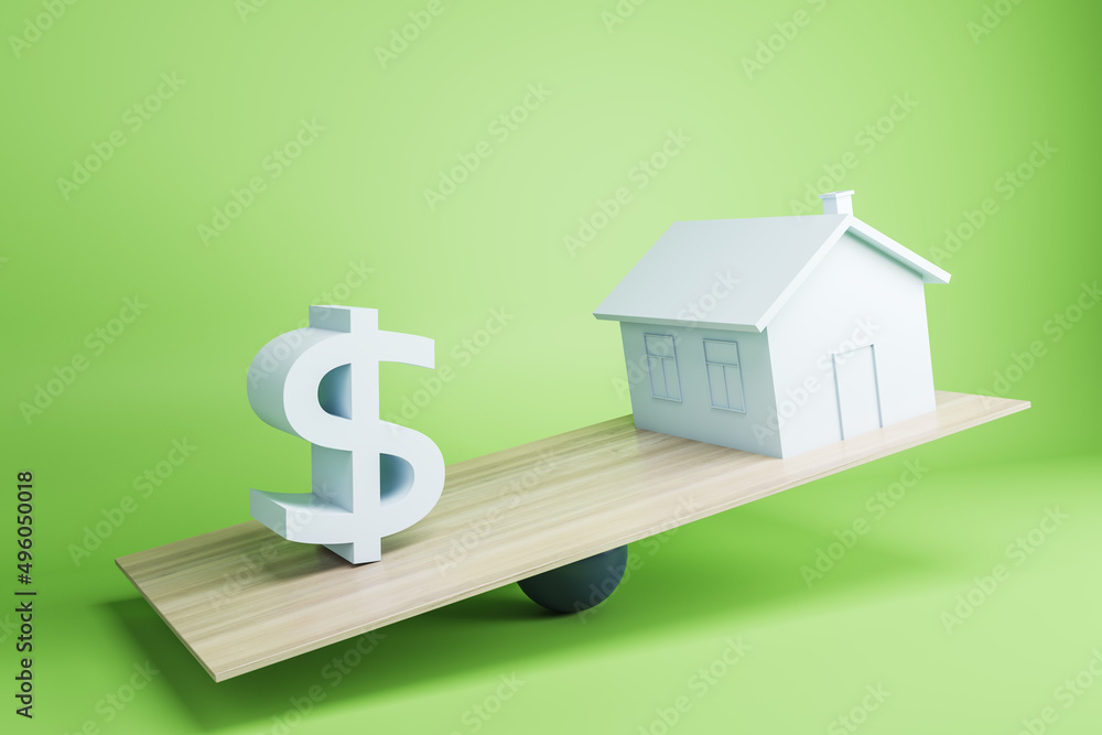 Poster board scales with dollar sign heavier than house. green background. 3d rendering.