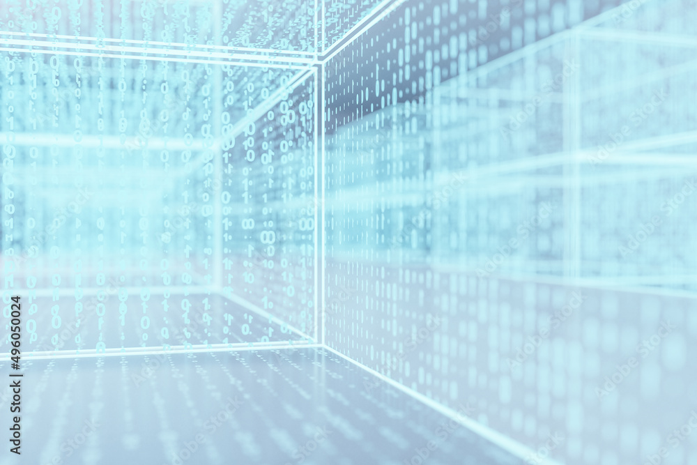 Aufkleber Abstract glowing cyber binary code room. Technology and matrix concept. 3D Rendering.