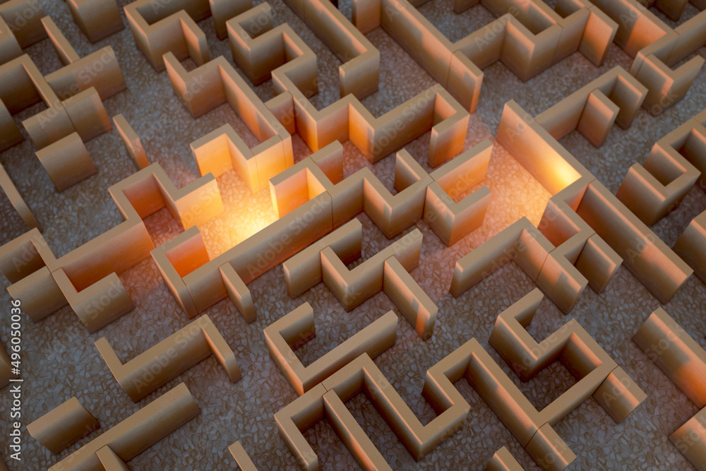 Poster creative illuminated maze texture. solution and idea concept. 3d rendering.